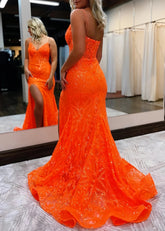 Ella | Orange Mermaid V Neck Prom Dress Formal Dress with Sequins - Orange - PromDressClub